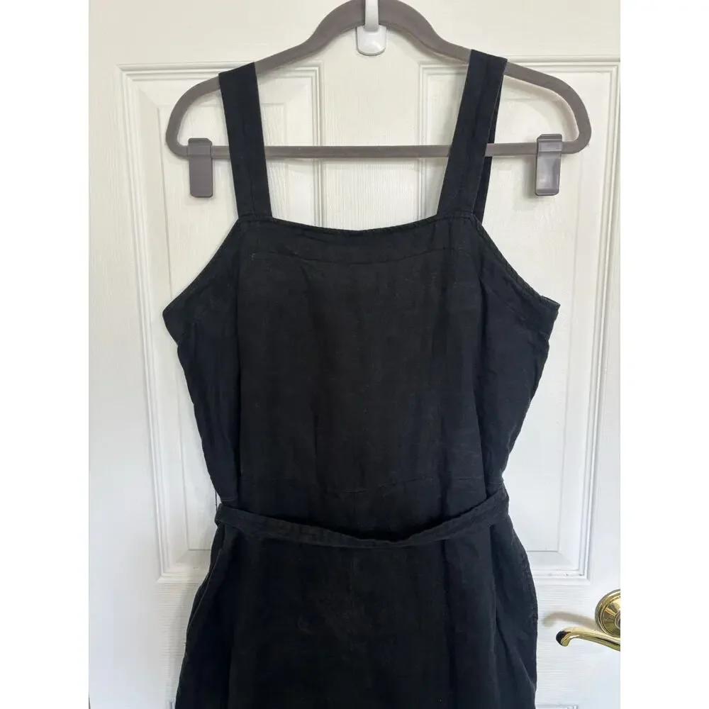 Quince 100% European Linen Square Neck Black Jumpsuit L Belt Pockets Sustainable